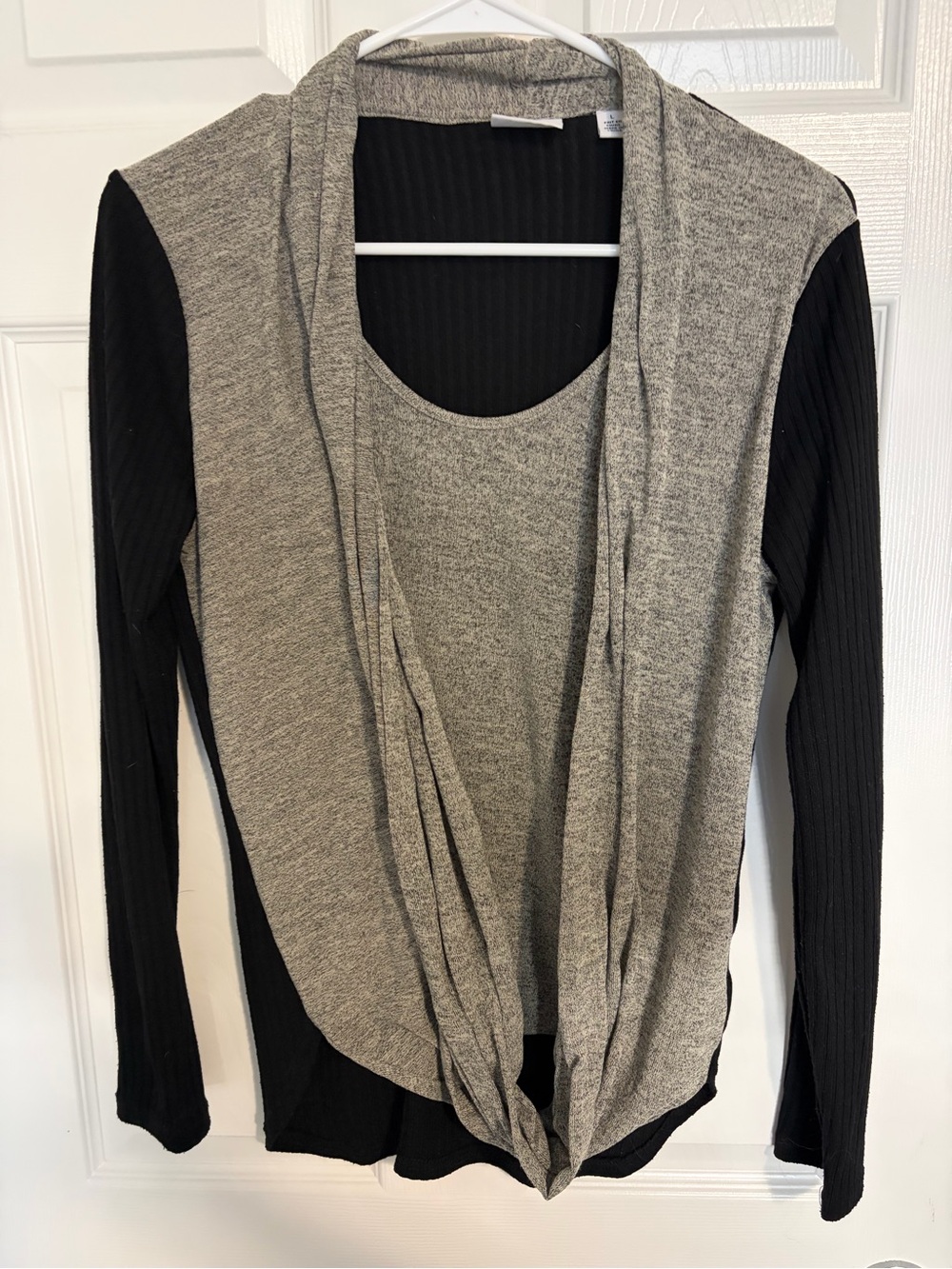 Tribal Gray Front Twist-Detail Cardigan with Black Sleeves